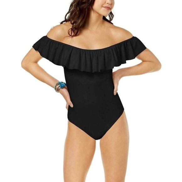 Raisins Barbados Ruffle Off-The-Shoulder Cheeky One-Piece‎ Black Swimsuit 16W - Picture 1 of 11